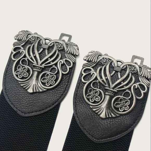 Black floral buckle corset boho elastic wide waist goth party dress belt - Picture 13 of 16